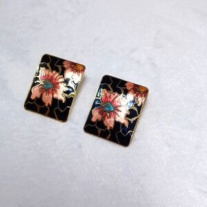  Vintage  70,s Painted Blue & Pink Square Floral  Earrings